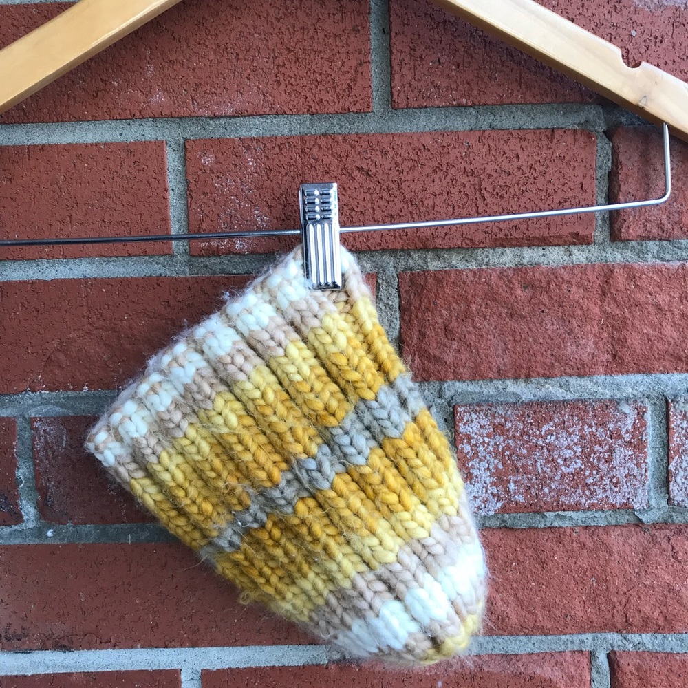 Vintage Chunky Handknit Toddler Touque / Beanie - Yellow, Beige White Stripes